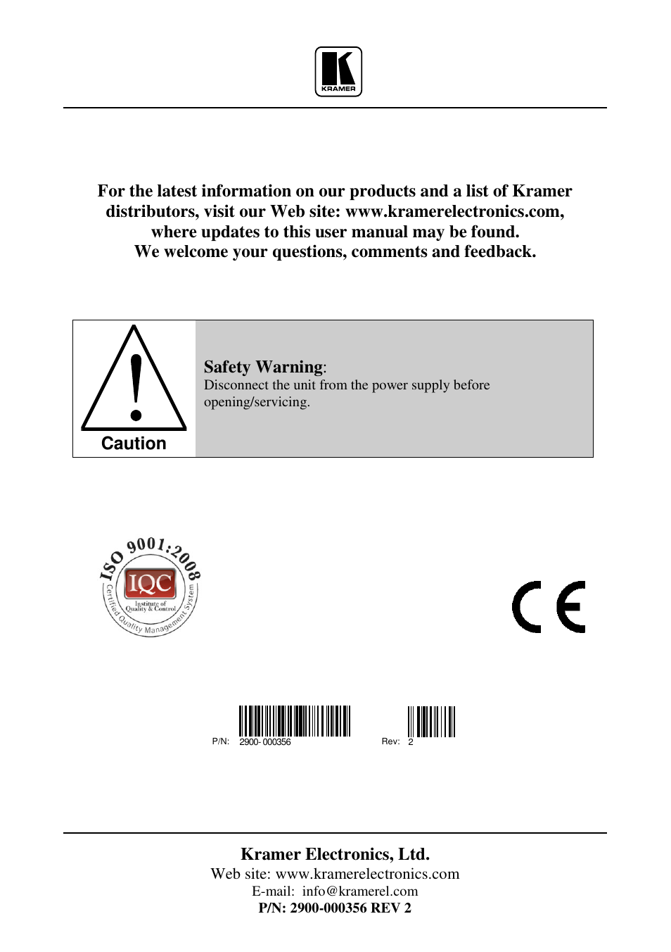 Kramer electronics, ltd, Caution, Safety warning | Kramer Electronics VS-6EIII User Manual | Page 11 / 11