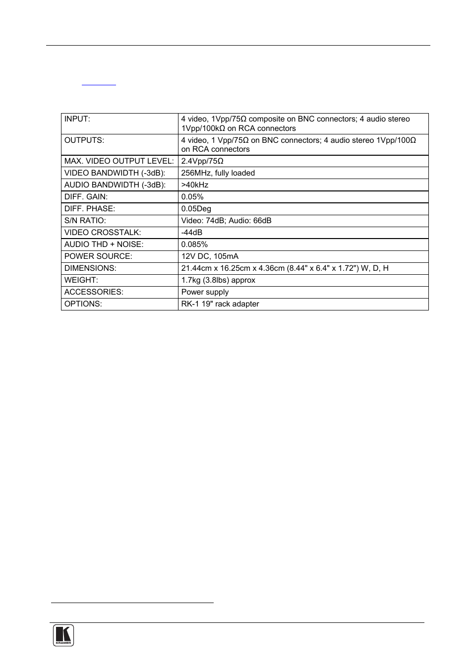 6 technical specifications, Technical specifications, Table 2 incl udes the technical specifications | Table 2: technical specifications, Of the vs-6eiii 4x4 video audio matrix switcher | Kramer Electronics VS-6EIII User Manual | Page 9 / 11