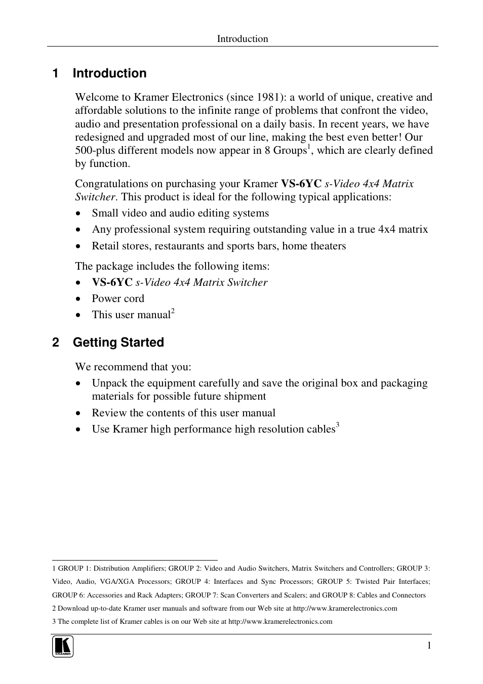 1 introduction, 2 getting started | Kramer Electronics VS-6YC User Manual | Page 3 / 12
