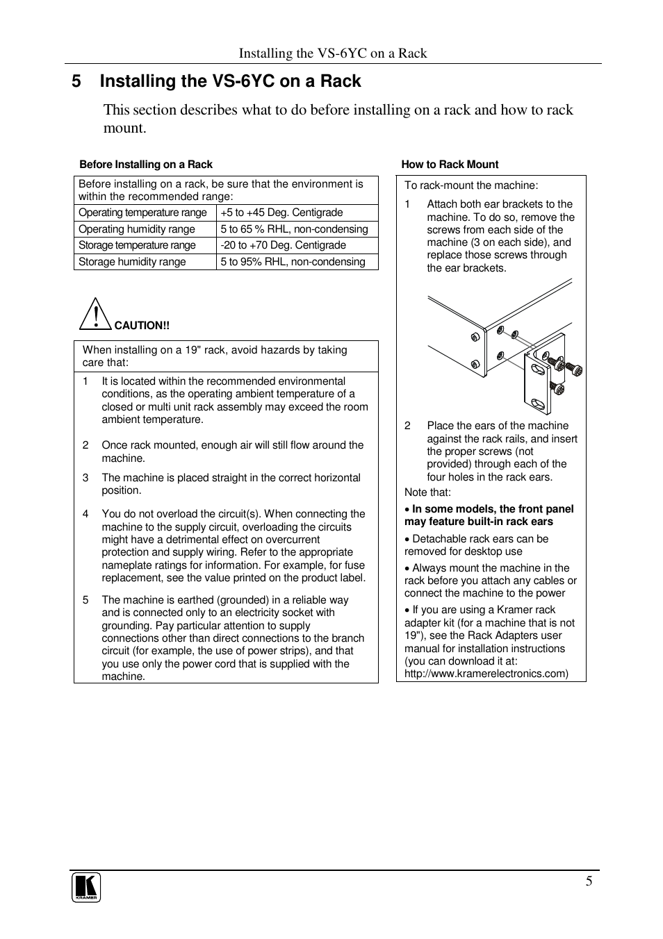 5 installing the vs-6yc on a rack, Installing the vs-6yc on a rack | Kramer Electronics VS-6YC User Manual | Page 7 / 12