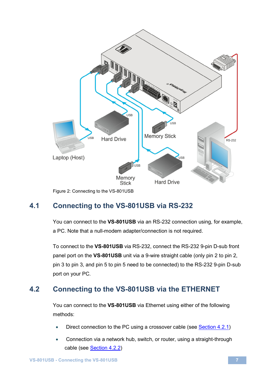 1 connecting to the vs-801usb via rs-232, 2 connecting to the vs-801usb via the ethernet, Connecting to the vs-801usb via rs-232 | Connecting to the vs-801usb via the ethernet, Figure 2: connecting to the vs-801usb, Figure 2, N 4.1, On 4.2 | Kramer Electronics VS-801USB User Manual | Page 10 / 24