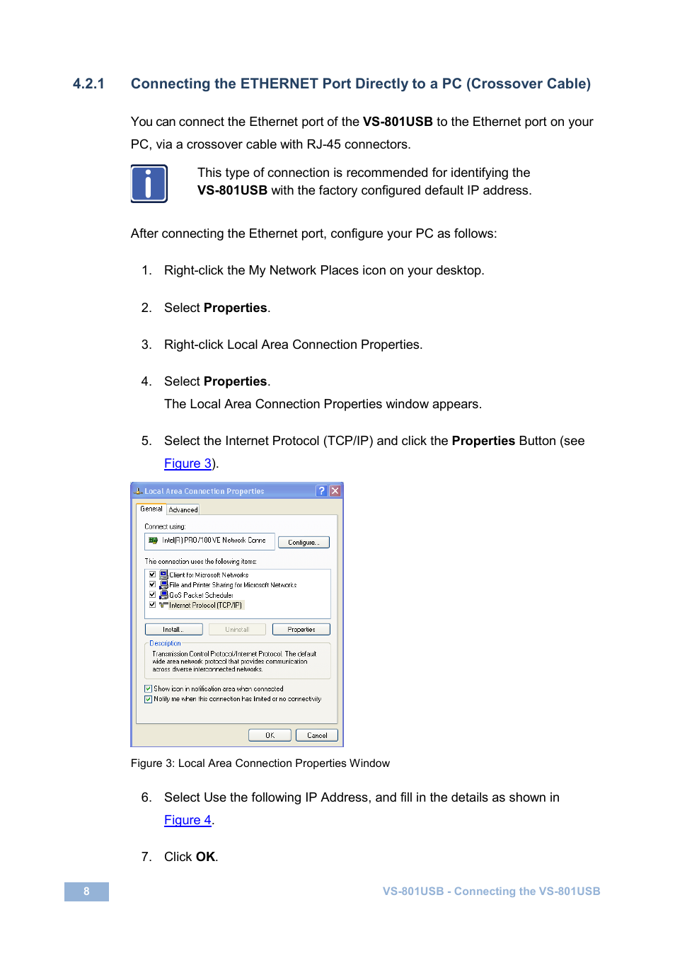 Figure 3: local area connection properties window, On 4.2.1 | Kramer Electronics VS-801USB User Manual | Page 11 / 24
