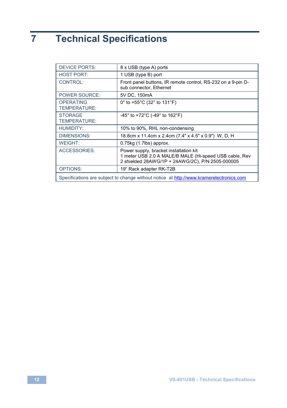 7 technical specifications, Technical specifications, 7technical specifications | Kramer Electronics VS-801USB User Manual | Page 15 / 24