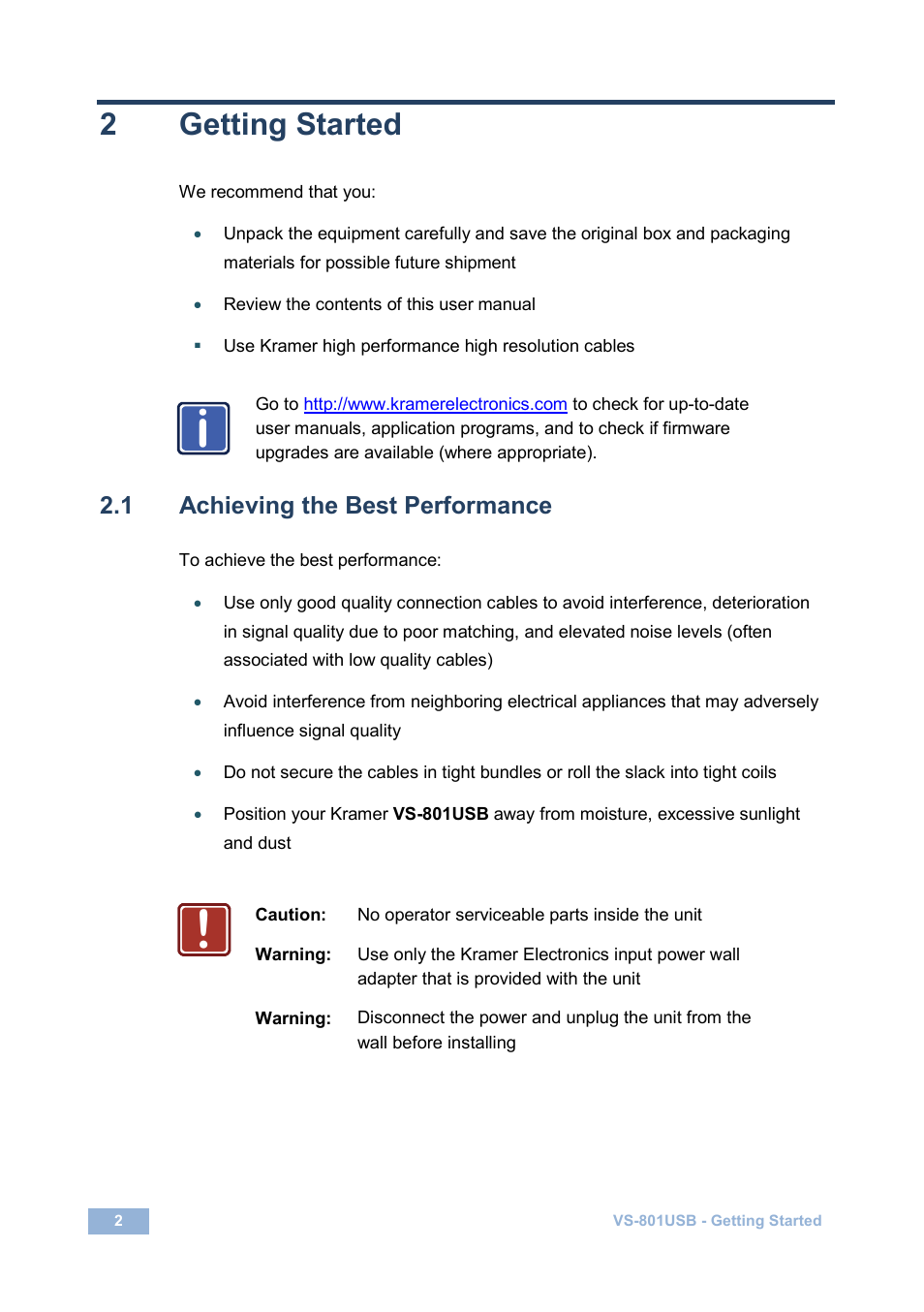 2 getting started, 1 achieving the best performance, Getting started | Achieving the best performance, 2getting started | Kramer Electronics VS-801USB User Manual | Page 5 / 24