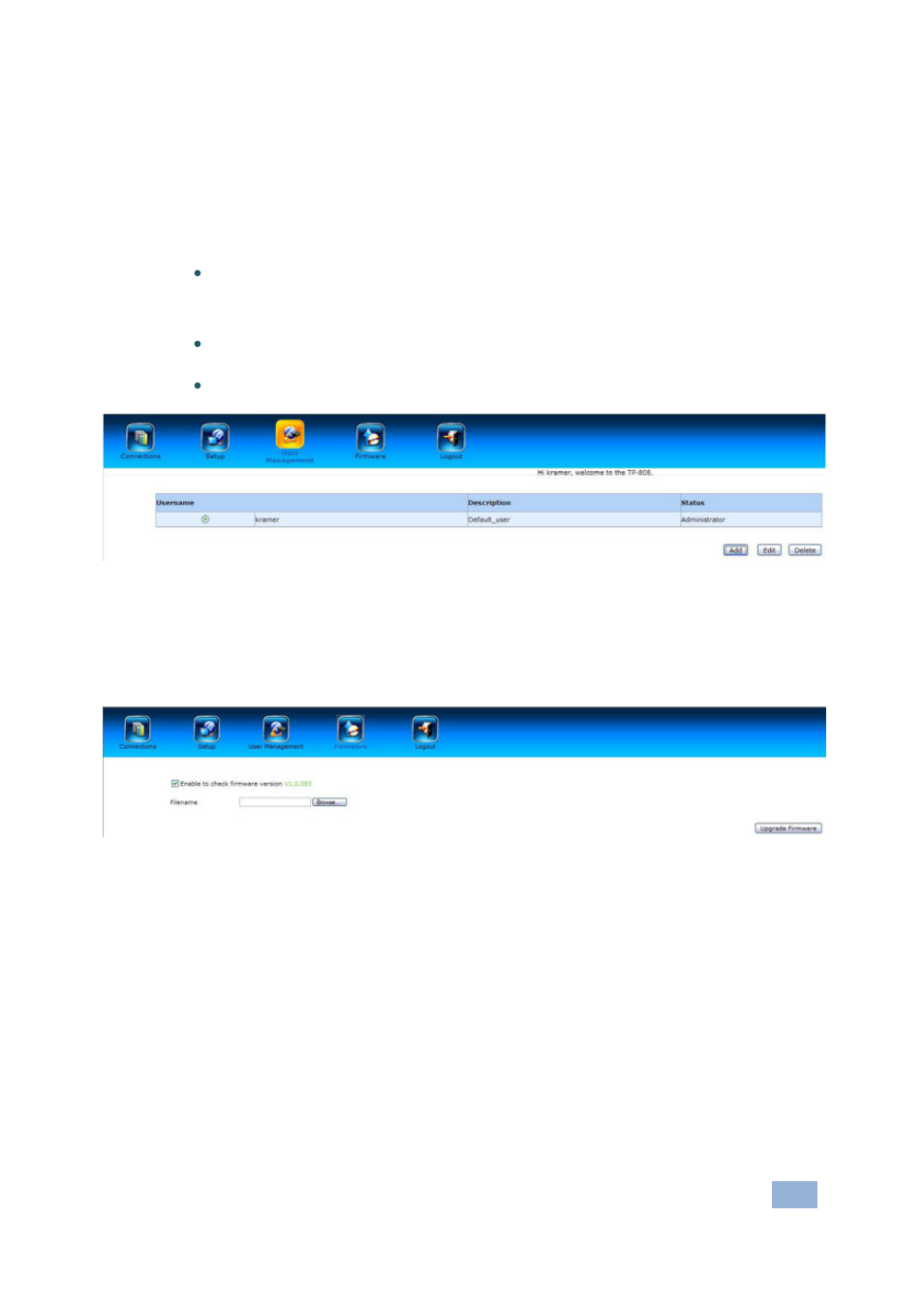 4 user management, 5 firmware, User management | Firmware, N 8.4, On 8.5 | Kramer Electronics VS-808TP User Manual | Page 27 / 33