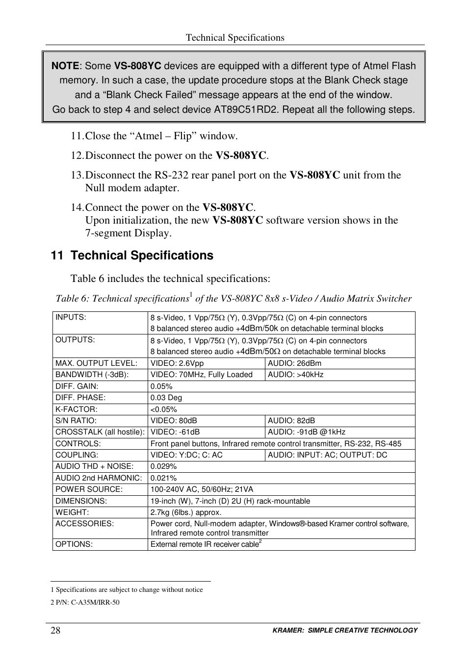11 technical specifications, Table 6 includes the technical specifications | Kramer Electronics VS-808YC User Manual | Page 31 / 38
