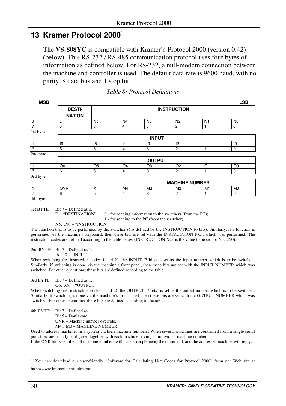 Kramer protocol 2000, Table 8: protocol definitions | Kramer Electronics VS-808YC User Manual | Page 33 / 38