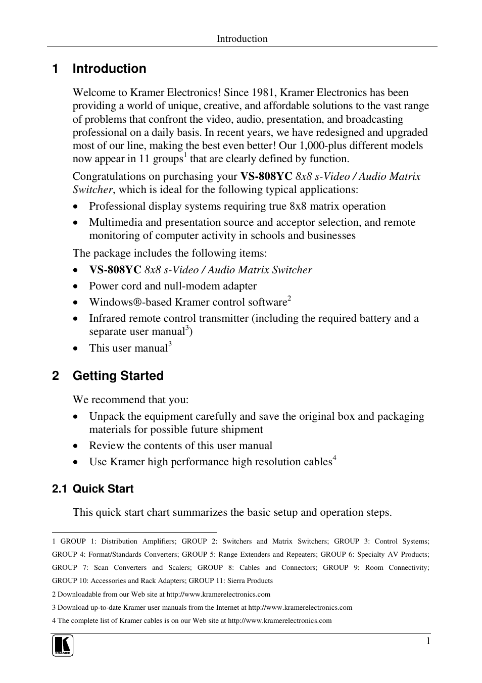 1 introduction, 2 getting started | Kramer Electronics VS-808YC User Manual | Page 4 / 38