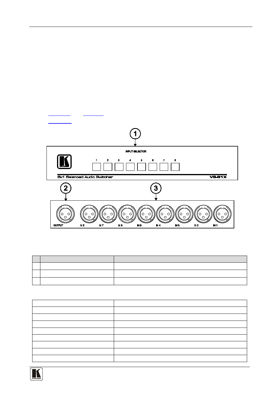 5 your vs-81x 8x1 balanced audio switcher, Your vs-81x 8x1 balanced audio switcher, Figure 5: vs-81x 8x1 balanced audio switcher | Table 9: vs-81x functions, Table 10: vs-81x technical specifications | Kramer Electronics VS-81AV User Manual | Page 9 / 14