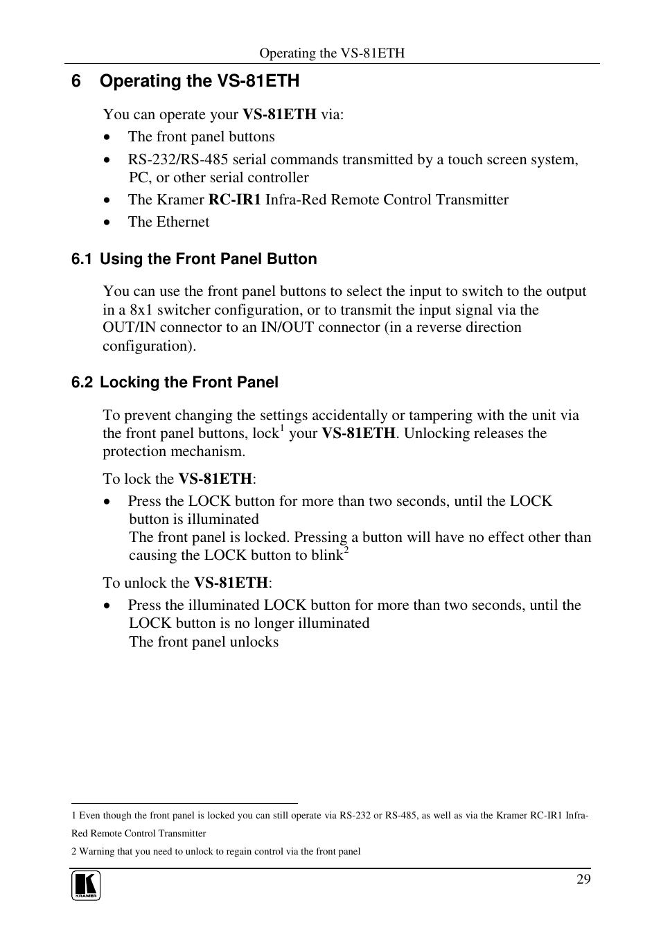 6 operating the vs-81eth | Kramer Electronics VS-81ETH User Manual | Page 32 / 41