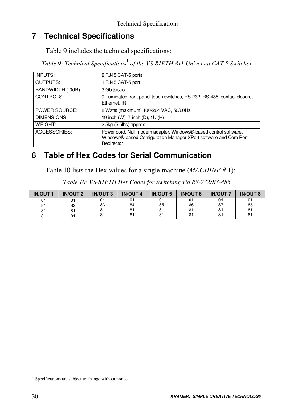 7 technical specifications, 8 table of hex codes for serial communication, Table 9 includes the technical specifications | Kramer Electronics VS-81ETH User Manual | Page 33 / 41