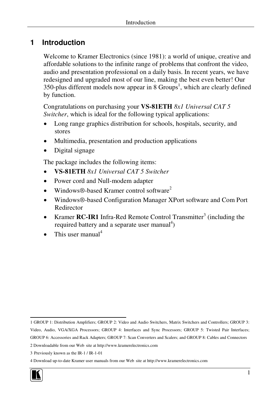 1 introduction | Kramer Electronics VS-81ETH User Manual | Page 4 / 41