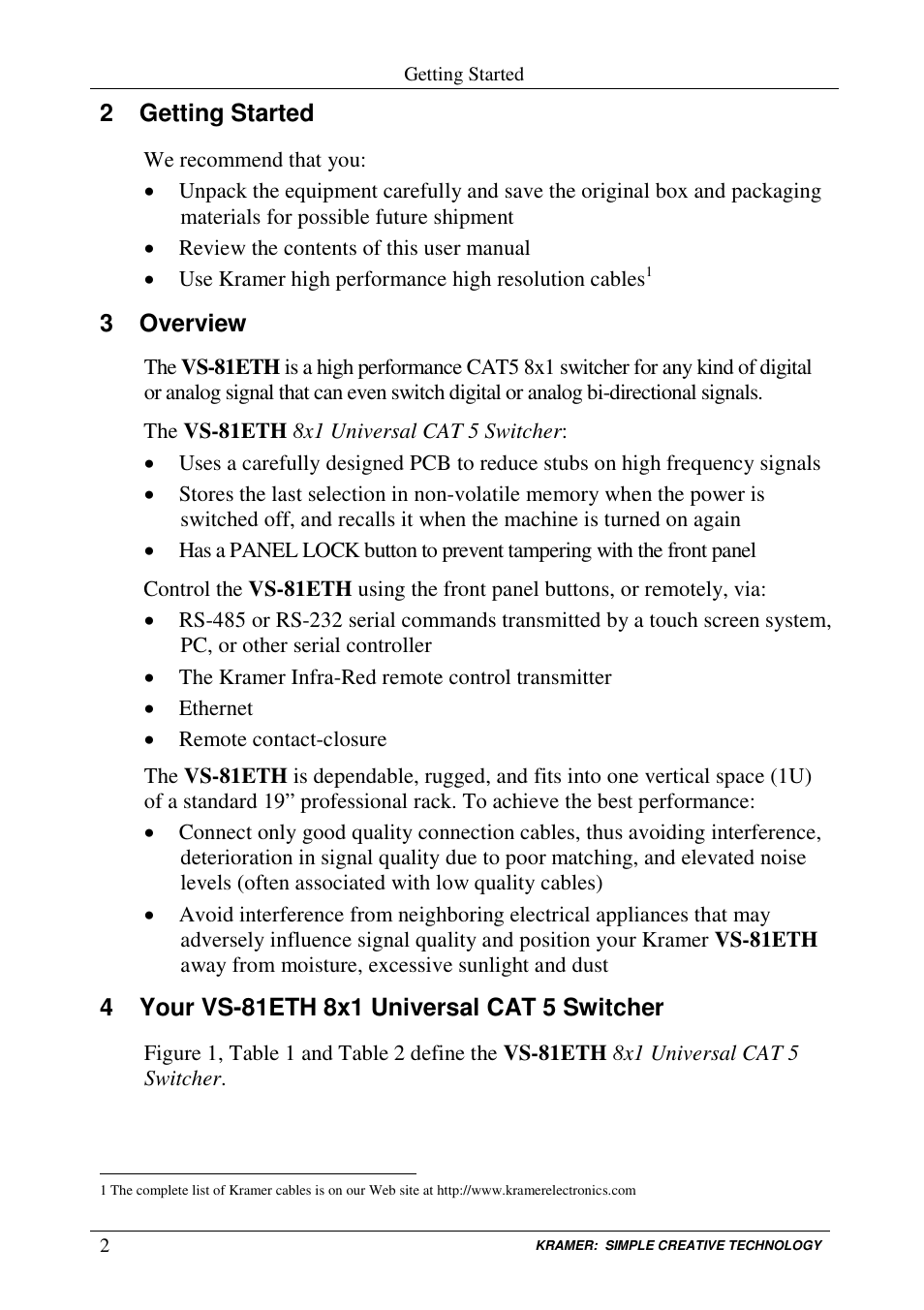 2 getting started, 3 overview | Kramer Electronics VS-81ETH User Manual | Page 5 / 41