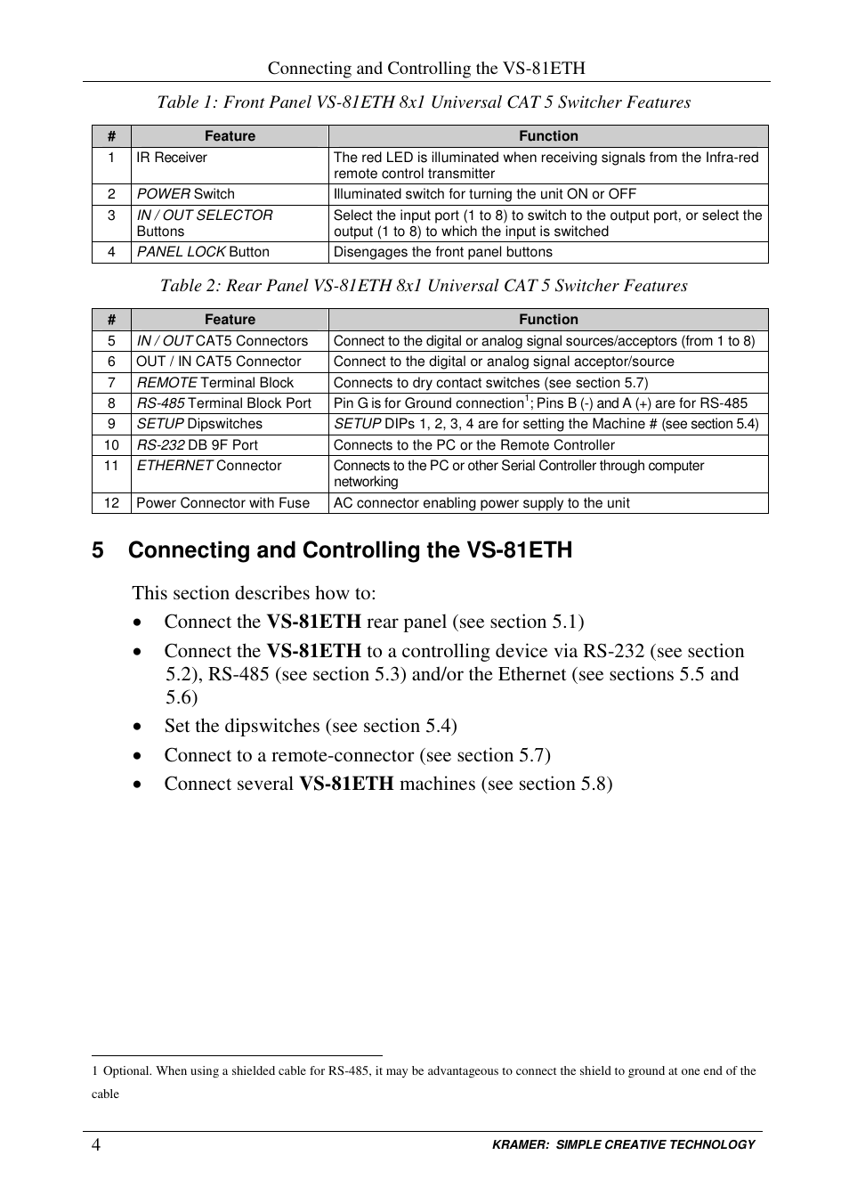 5 connecting and controlling the vs-81eth | Kramer Electronics VS-81ETH User Manual | Page 7 / 41