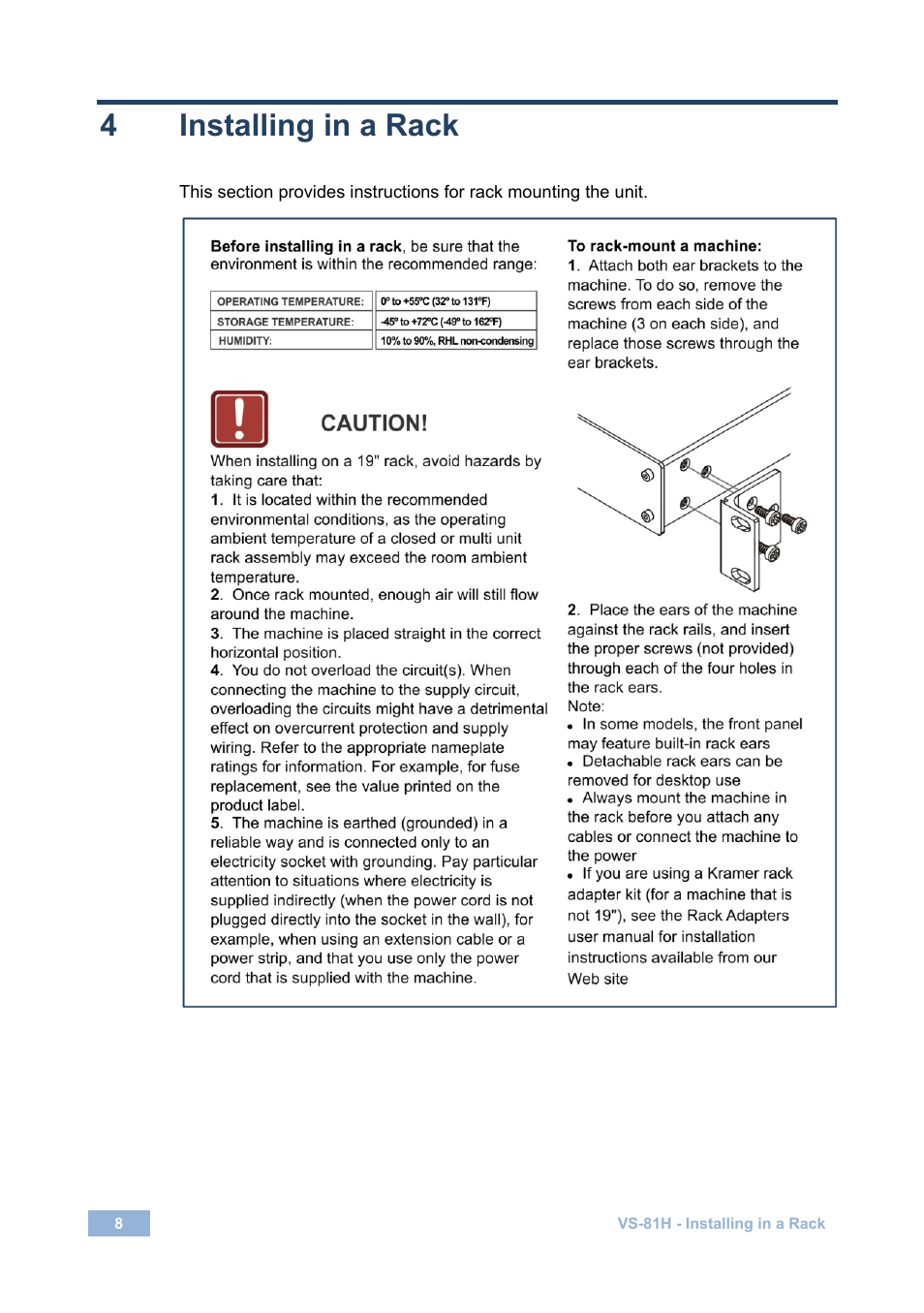 4 installing in a rack, Installing in a rack, 4installing in a rack | Kramer Electronics VS-81H User Manual | Page 11 / 24