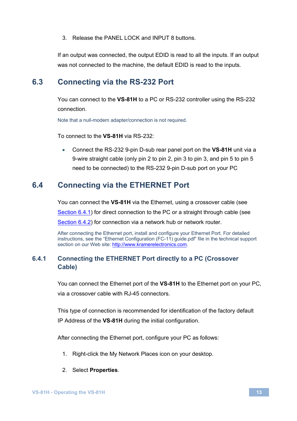 3 connecting via the rs-232 port, 4 connecting via the ethernet port, Connecting via the rs-232 port | Connecting via the ethernet port, Section 6.3 | Kramer Electronics VS-81H User Manual | Page 16 / 24