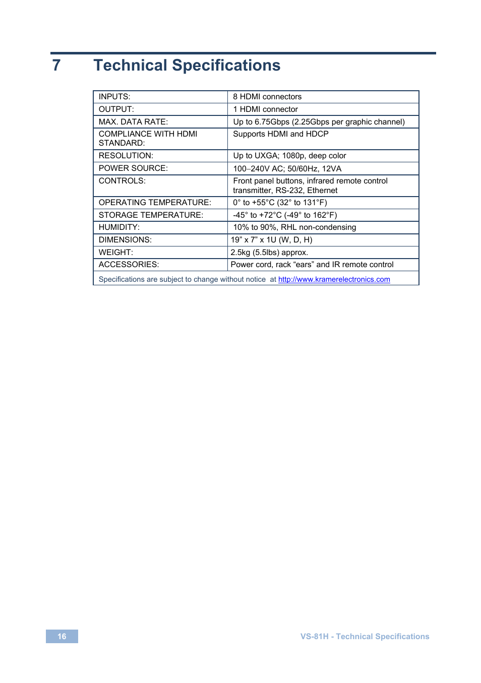 7 technical specifications, Technical specifications | Kramer Electronics VS-81H User Manual | Page 19 / 24