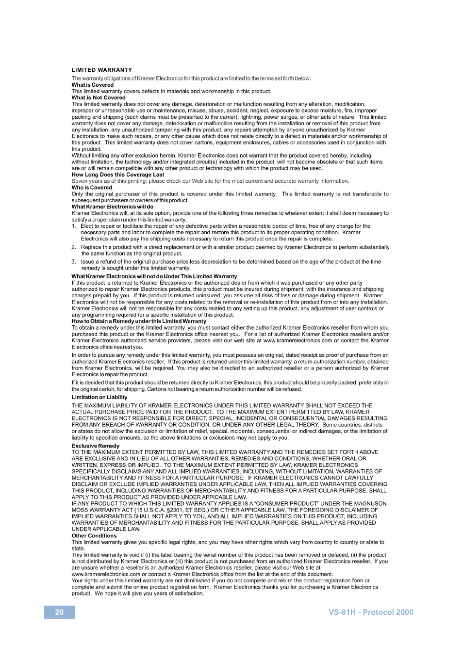 Kramer Electronics VS-81H User Manual | Page 23 / 24