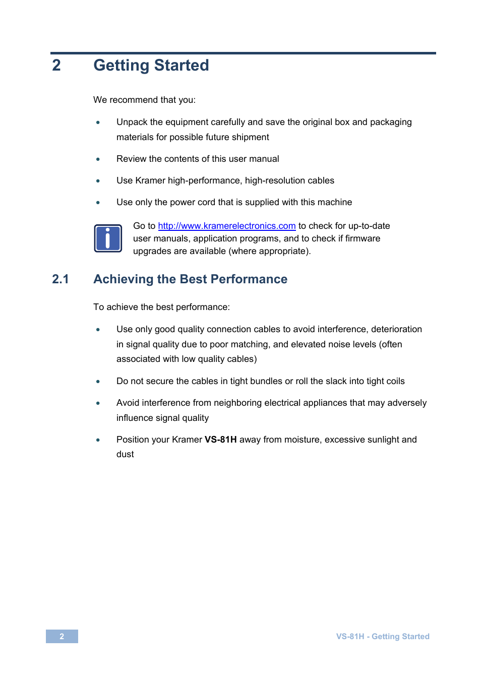 2 getting started, 1 achieving the best performance, Getting started | Achieving the best performance | Kramer Electronics VS-81H User Manual | Page 5 / 24