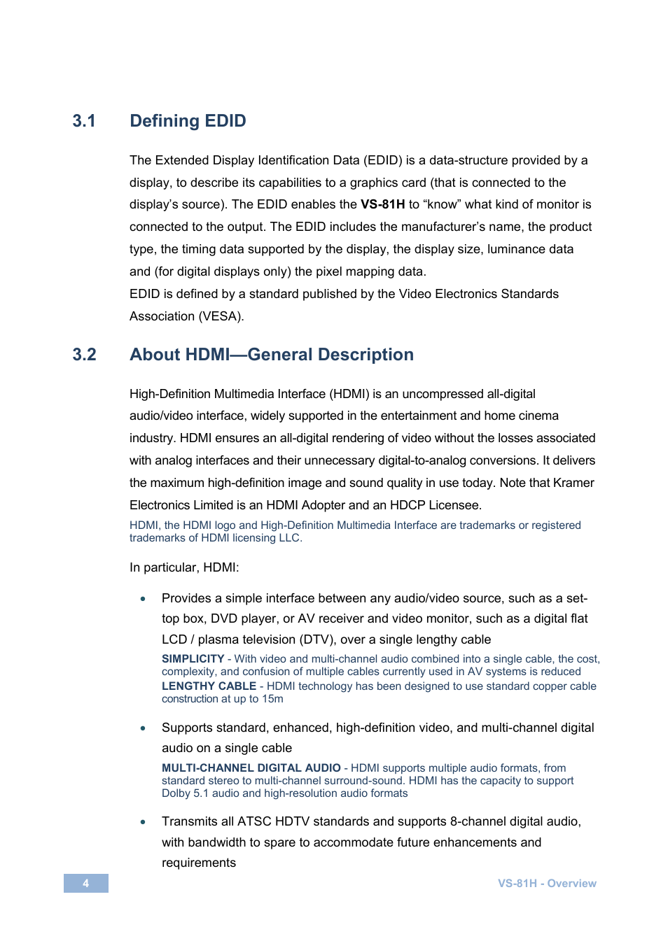 1 defining edid, 2 about hdmi—general description, Defining edid | About hdmi—general description | Kramer Electronics VS-81H User Manual | Page 7 / 24