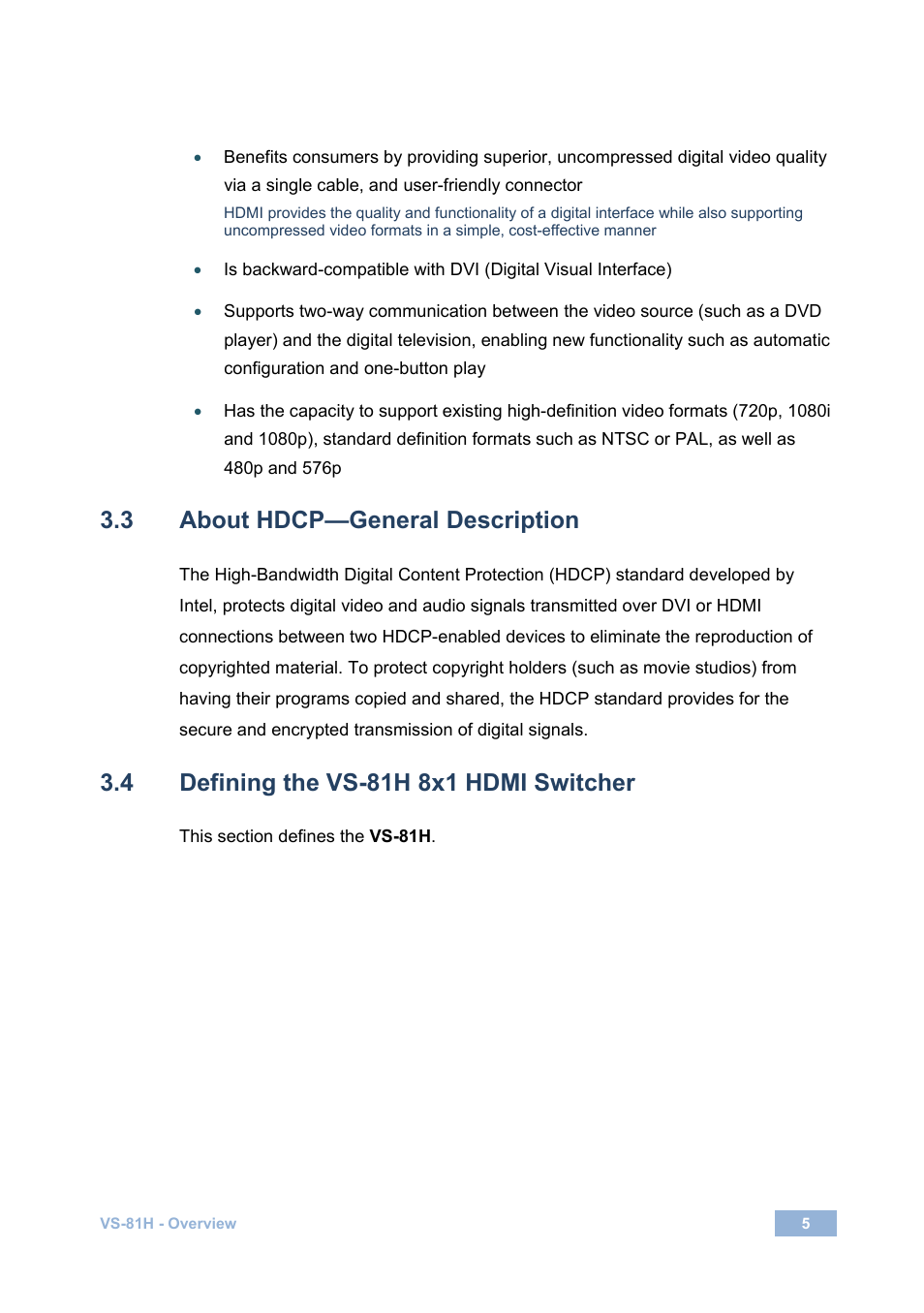 3 about hdcp—general description, 4 defining the vs-81h 8x1 hdmi switcher, About hdcp—general description | Defining the vs-81h 8x1 hdmi switcher | Kramer Electronics VS-81H User Manual | Page 8 / 24