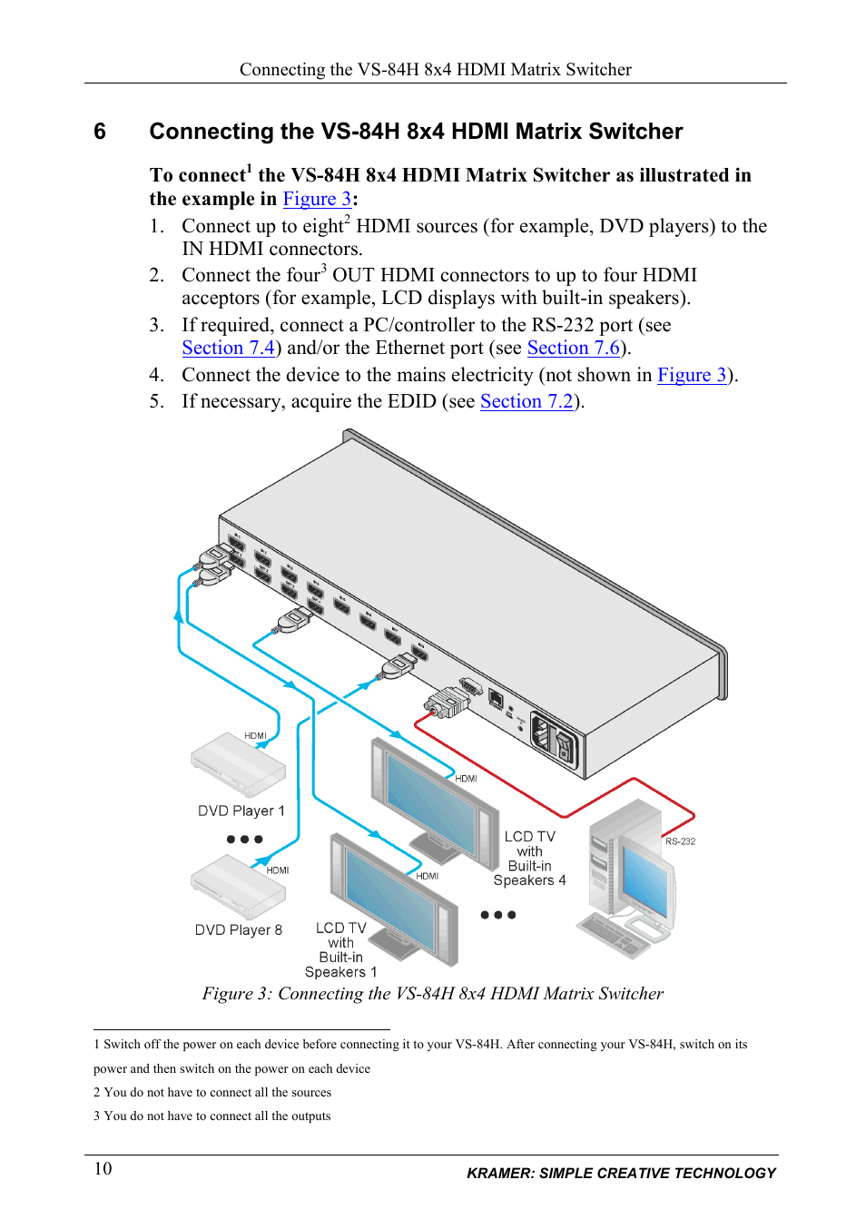 6 connecting the vs-84h 8x4 hdmi matrix switcher, Connecting the vs-84h 8x4 hdmi matrix switcher | Kramer Electronics VS-84H User Manual | Page 13 / 27