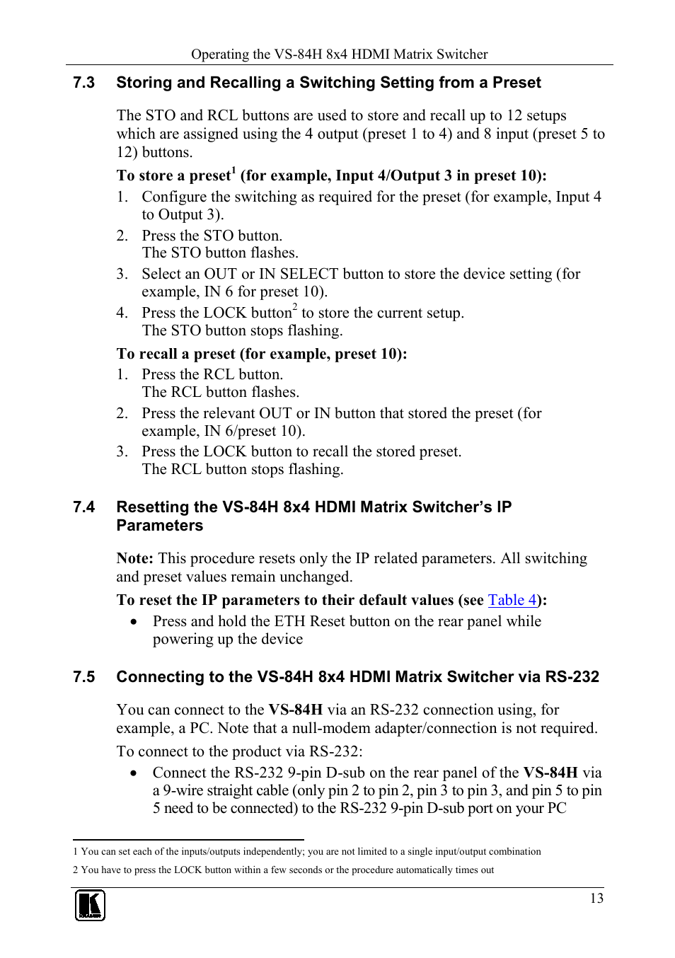 N 7.3, On 7.3, Ection 7.3 | Kramer Electronics VS-84H User Manual | Page 16 / 27