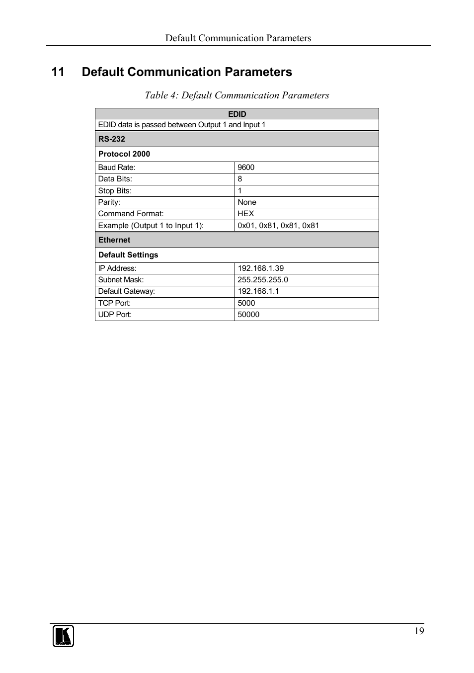 11 default communication parameters, Default communication parameters, Table 4: default communication parameters | Kramer Electronics VS-84H User Manual | Page 22 / 27