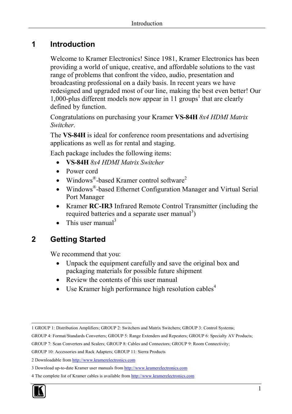 1 introduction, 2 getting started, Introduction | Getting started, 1introduction, 2getting started | Kramer Electronics VS-84H User Manual | Page 4 / 27