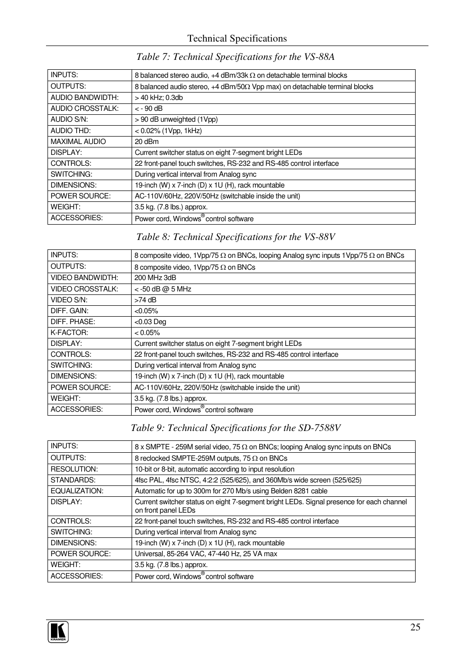 Technical specifications, Table 8: technical specifications for the vs-88v | Kramer Electronics VS-88V User Manual | Page 28 / 30