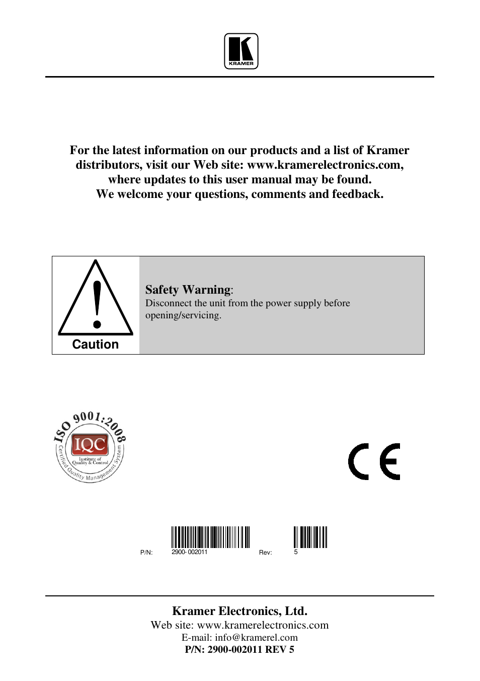 Kramer electronics, ltd, Caution, Safety warning | Kramer Electronics VS-88V User Manual | Page 30 / 30