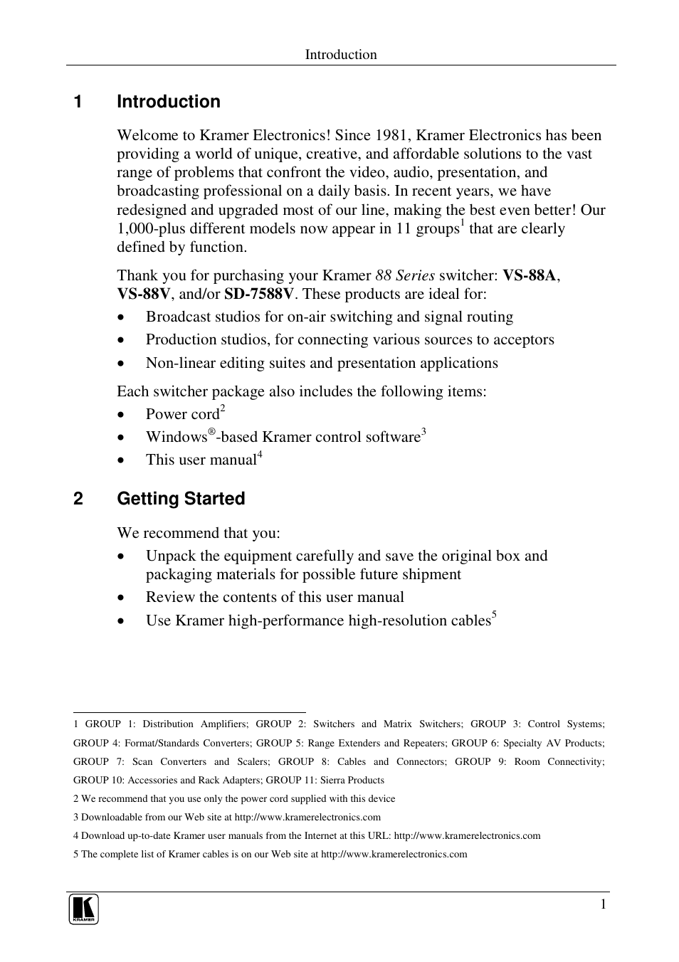 1introduction, 2getting started | Kramer Electronics VS-88V User Manual | Page 4 / 30