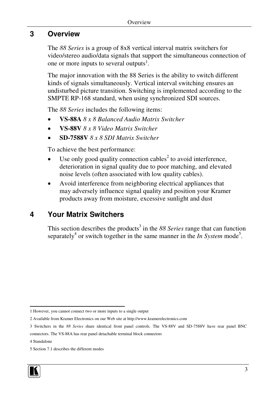 3overview, 4your matrix switchers | Kramer Electronics VS-88V User Manual | Page 6 / 30
