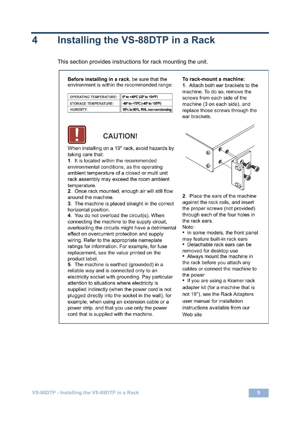 4 installing the vs-88dtp in a rack, Installing the vs-88dtp in a rack, 4installing the vs-88dtp in a rack | Kramer Electronics VS-88DTP User Manual | Page 13 / 55