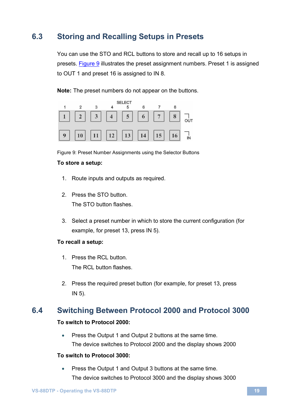 3 storing and recalling setups in presets, Storing and recalling setups in presets, Switching between protocol 2000 and protocol 3000 | Section | Kramer Electronics VS-88DTP User Manual | Page 23 / 55