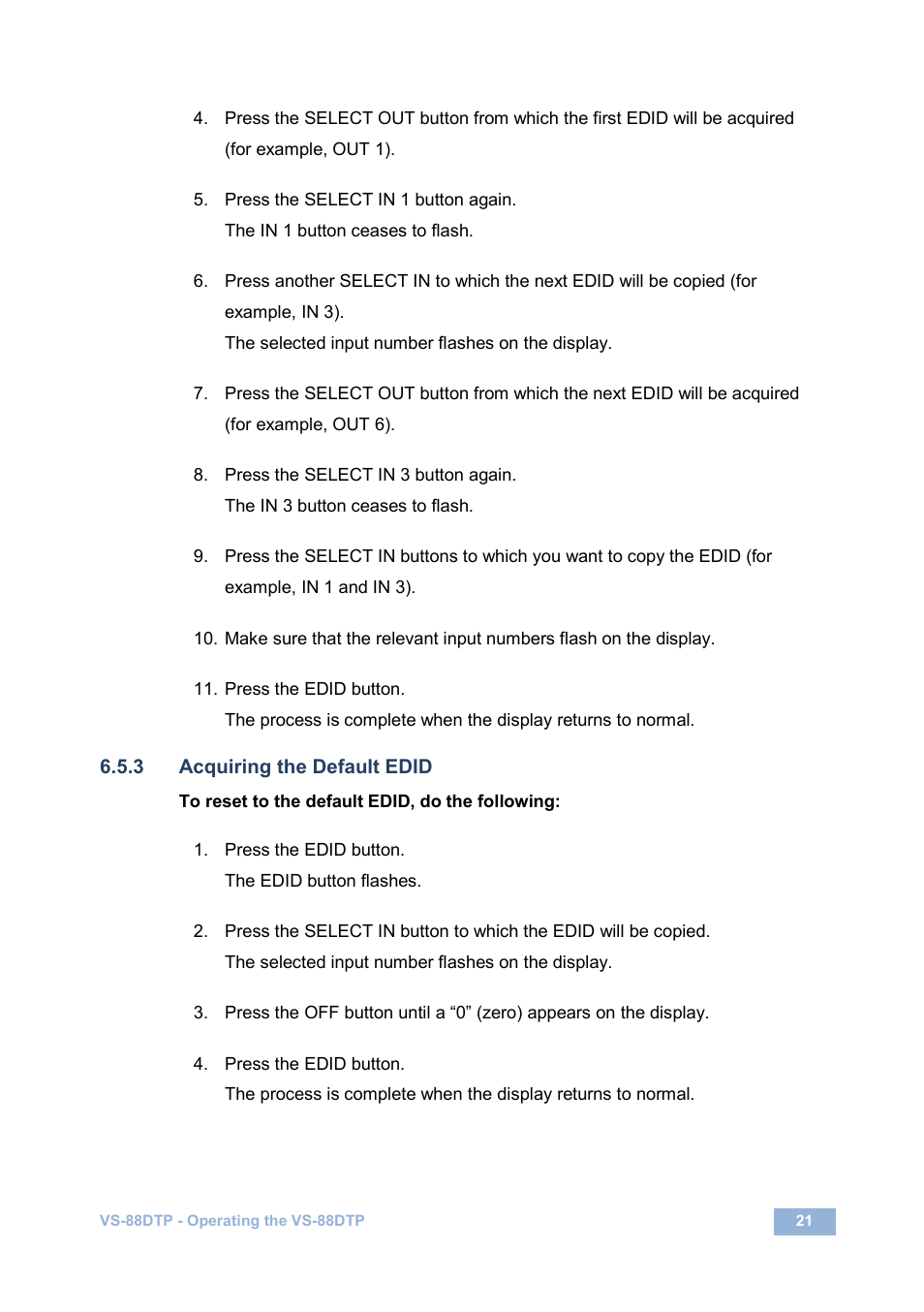 3 acquiring the default edid, Section | Kramer Electronics VS-88DTP User Manual | Page 25 / 55