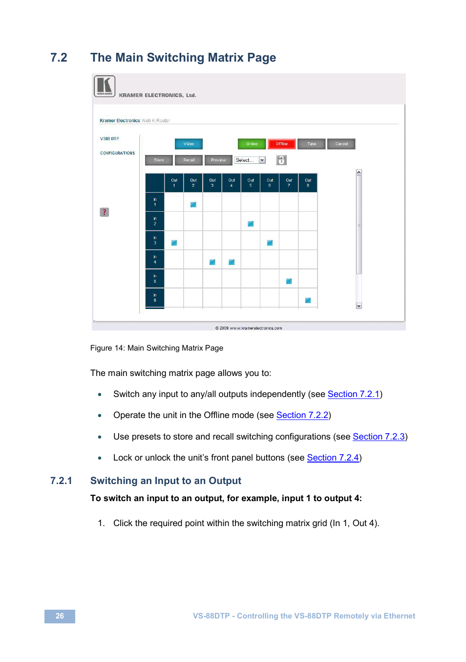 1 switching an input to an output, Figure 14, Section | 2 the main switching matrix page | Kramer Electronics VS-88DTP User Manual | Page 30 / 55