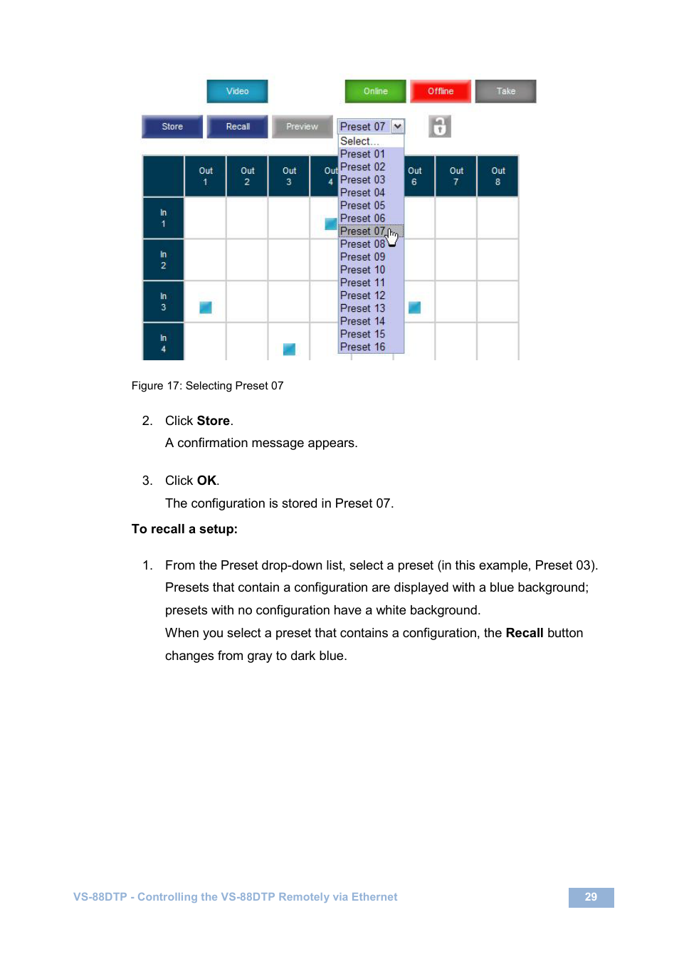 Figure 17: selecting preset 07 | Kramer Electronics VS-88DTP User Manual | Page 33 / 55