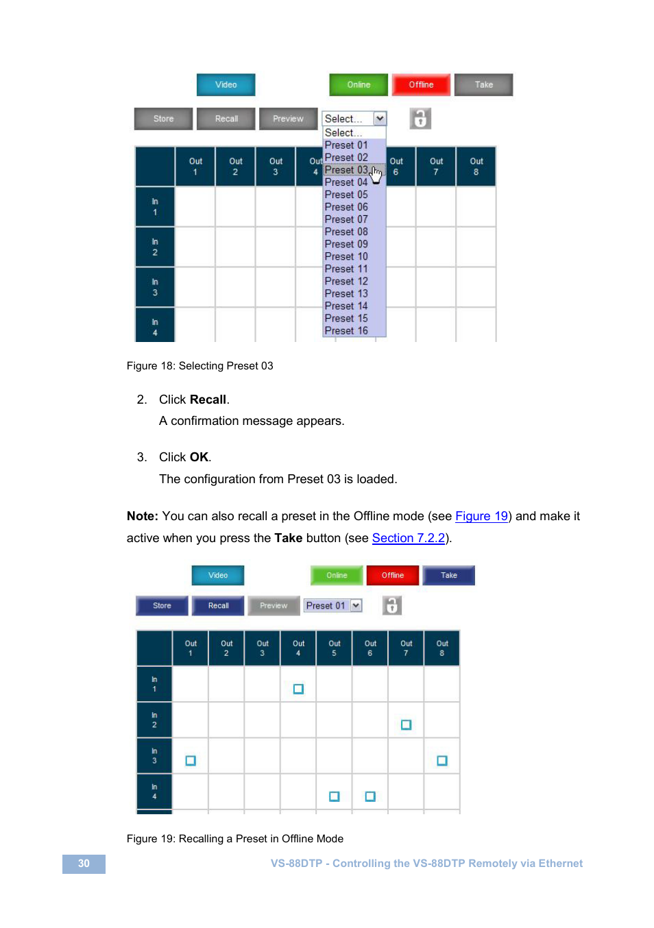 Figure 18: selecting preset 03, Figure 19: recalling a preset in offline mode | Kramer Electronics VS-88DTP User Manual | Page 34 / 55