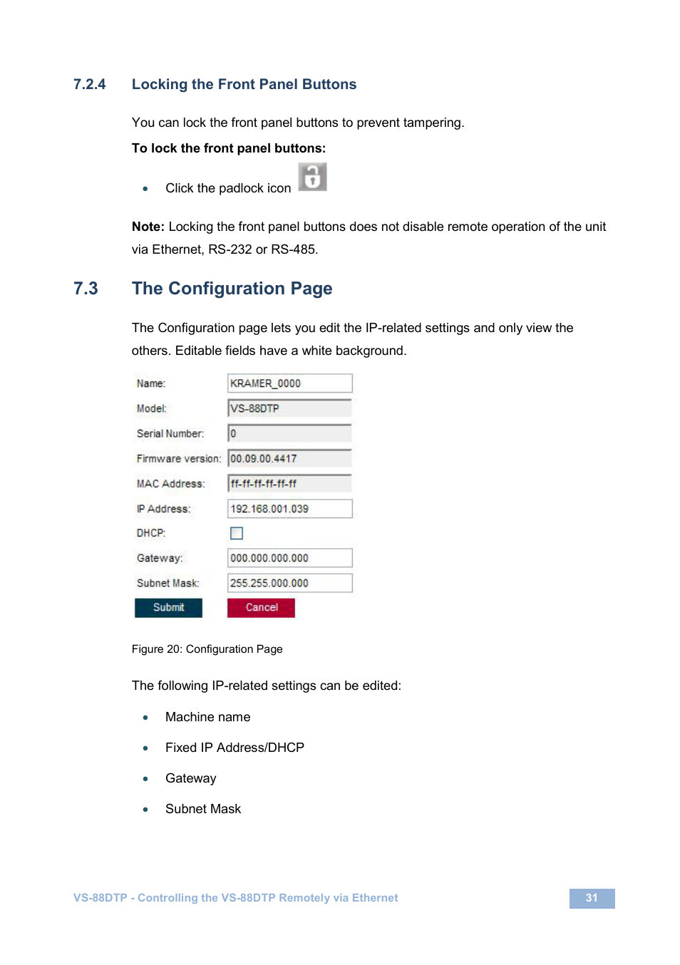 4 locking the front panel buttons, Section, 3 the configuration page | Kramer Electronics VS-88DTP User Manual | Page 35 / 55