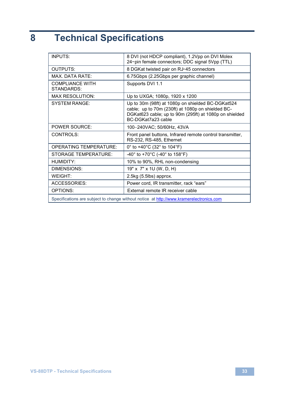 8 technical specifications, Technical specifications, 8technical specifications | Kramer Electronics VS-88DTP User Manual | Page 37 / 55