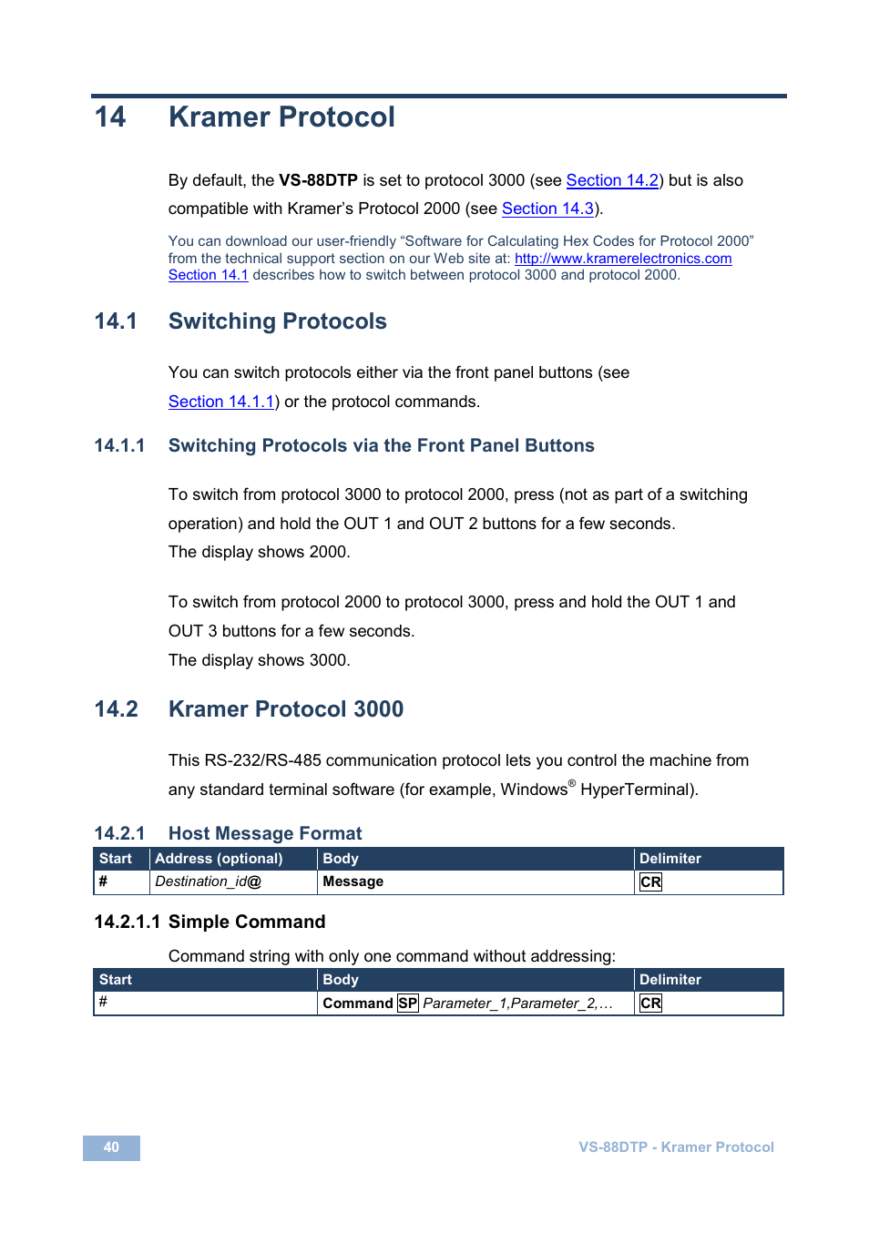 14 kramer protocol, 1 switching protocols, 1 switching protocols via the front panel buttons | 2 kramer protocol 3000, 1 host message format, 1 simple command, Kramer protocol, Switching protocols, Kramer protocol 3000 | Kramer Electronics VS-88DTP User Manual | Page 44 / 55