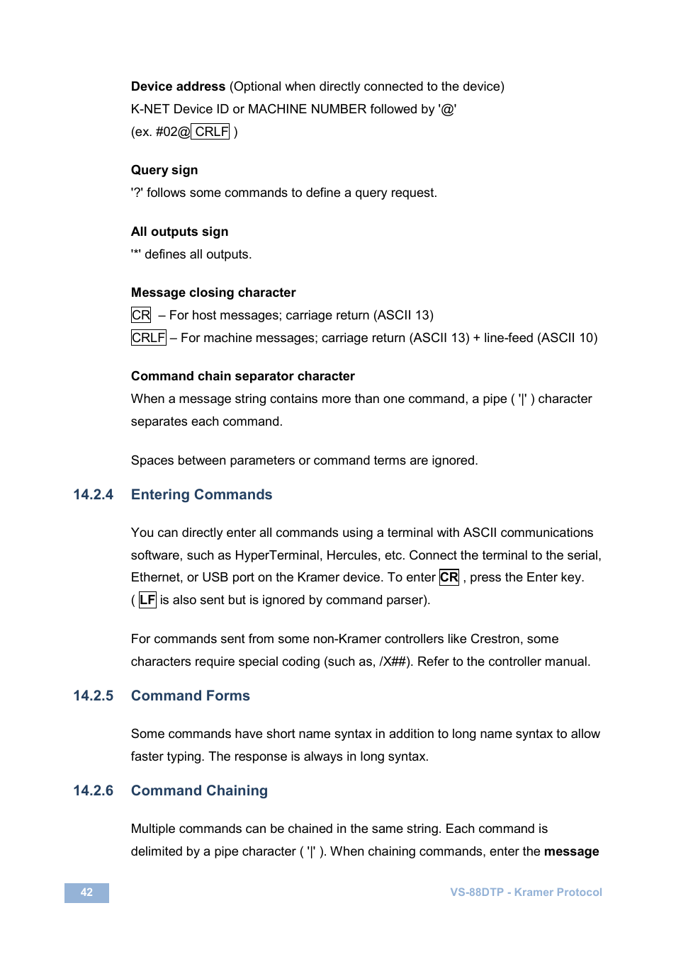 4 entering commands, 5 command forms, 6 command chaining | Kramer Electronics VS-88DTP User Manual | Page 46 / 55