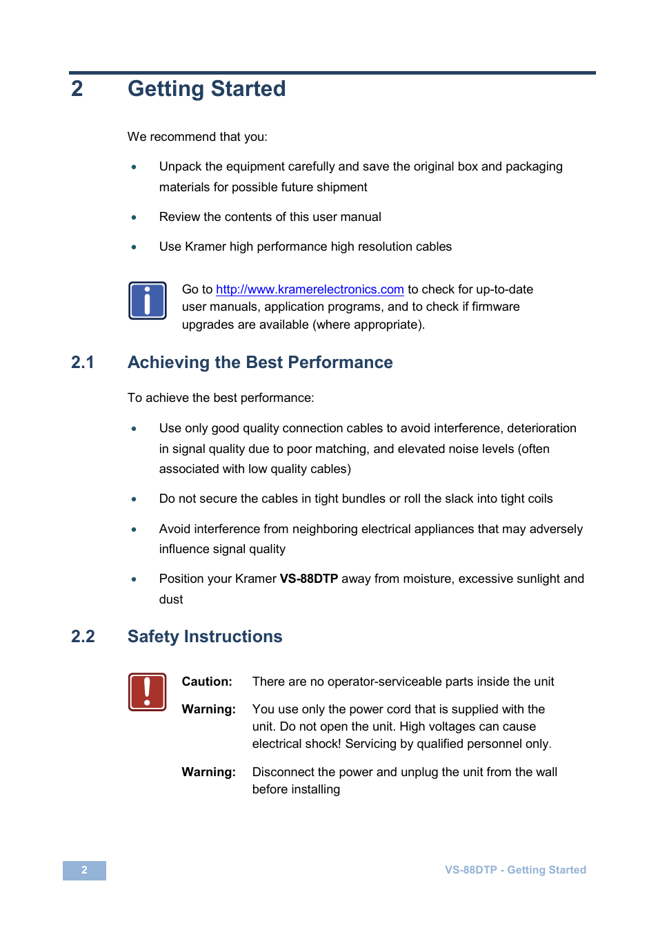 2 getting started, 1 achieving the best performance, 2 safety instructions | Getting started, Achieving the best performance, Safety instructions, 2getting started | Kramer Electronics VS-88DTP User Manual | Page 6 / 55