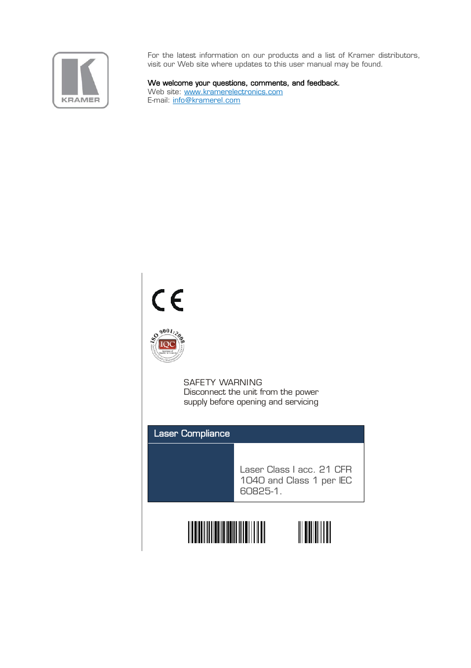 Kramer Electronics VS-88FO User Manual | Page 45 / 45