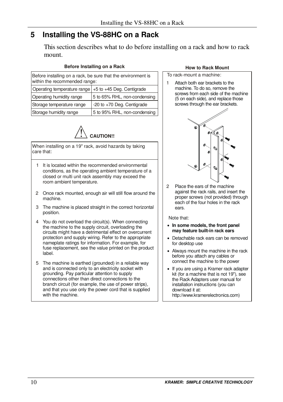 5 installing the vs-88hc on a rack, Installing the vs-88hc on a rack | Kramer Electronics VS-88HC User Manual | Page 14 / 49