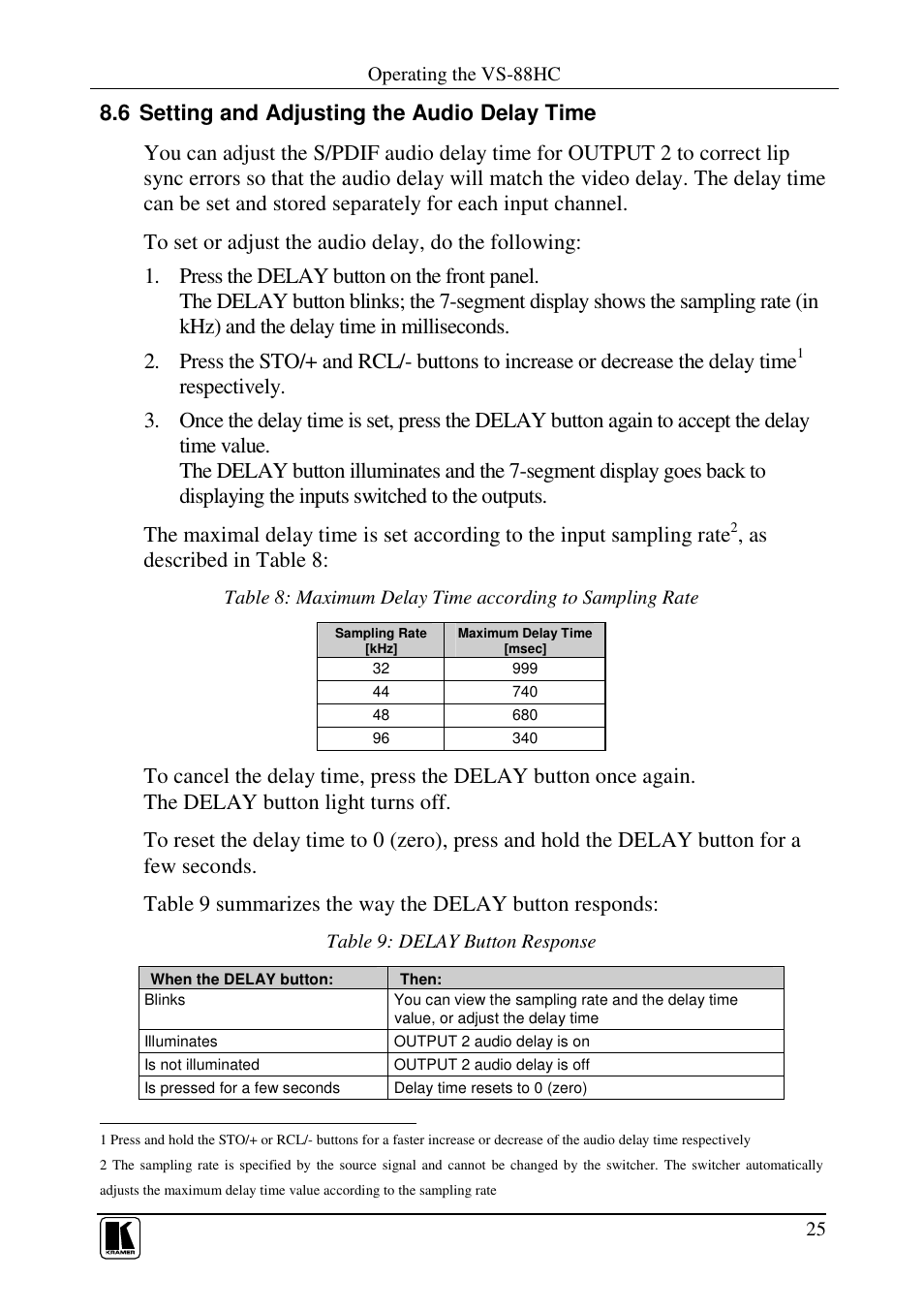 As described in table 8 | Kramer Electronics VS-88HC User Manual | Page 29 / 49