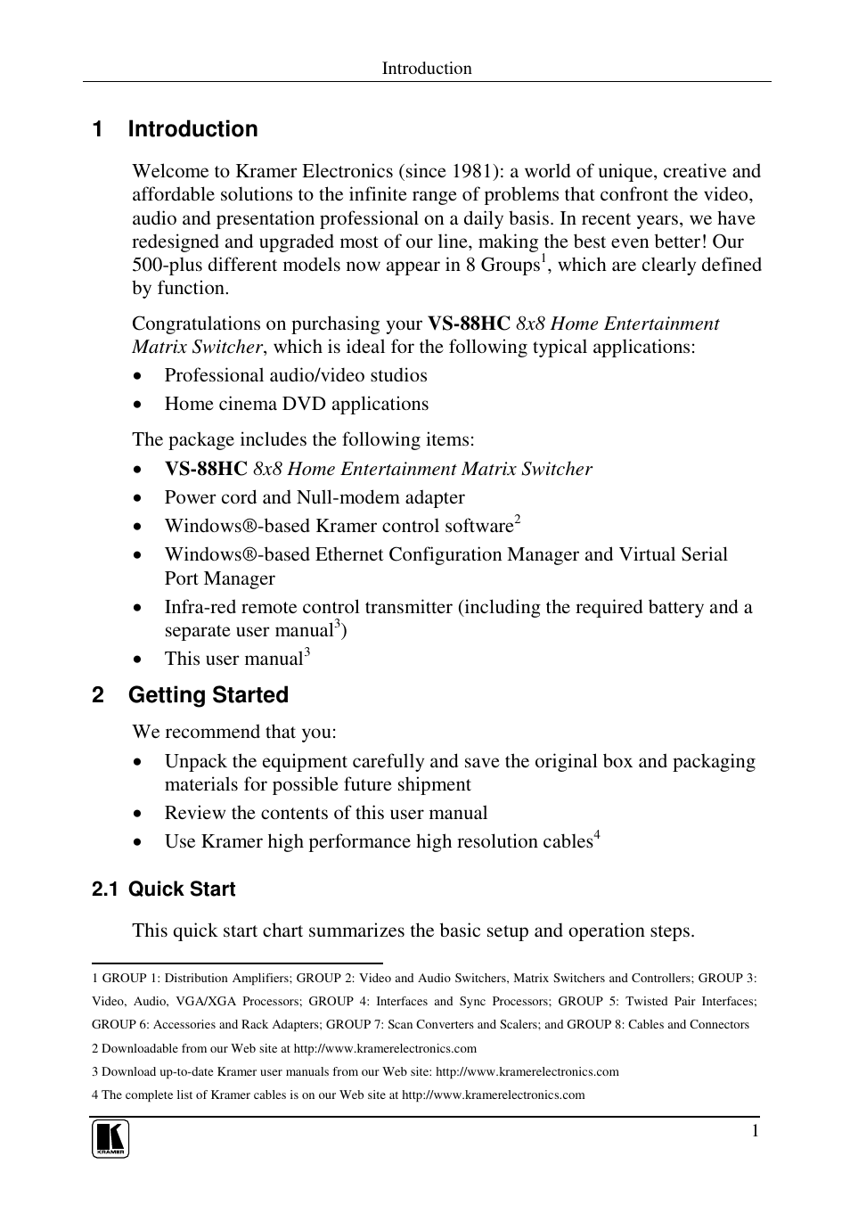 1 introduction, 2 getting started | Kramer Electronics VS-88HC User Manual | Page 5 / 49