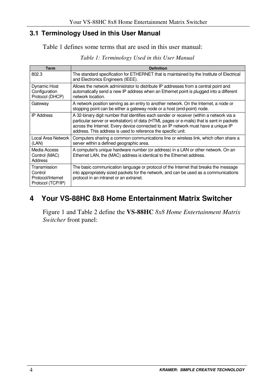 Table 1: terminology used in this user manual | Kramer Electronics VS-88HC User Manual | Page 8 / 49