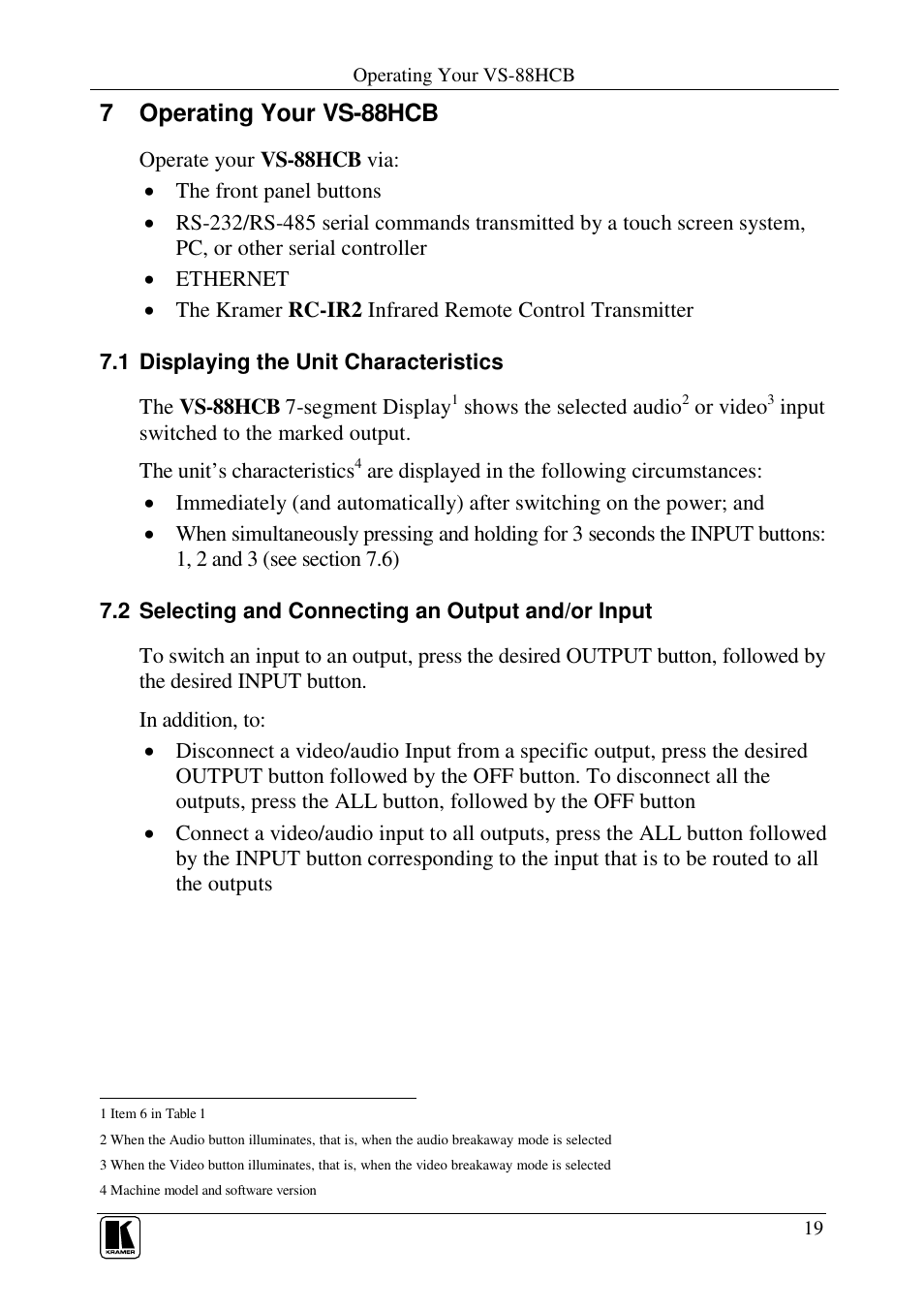 7 operating your vs-88hcb | Kramer Electronics VS-88HCB User Manual | Page 22 / 36